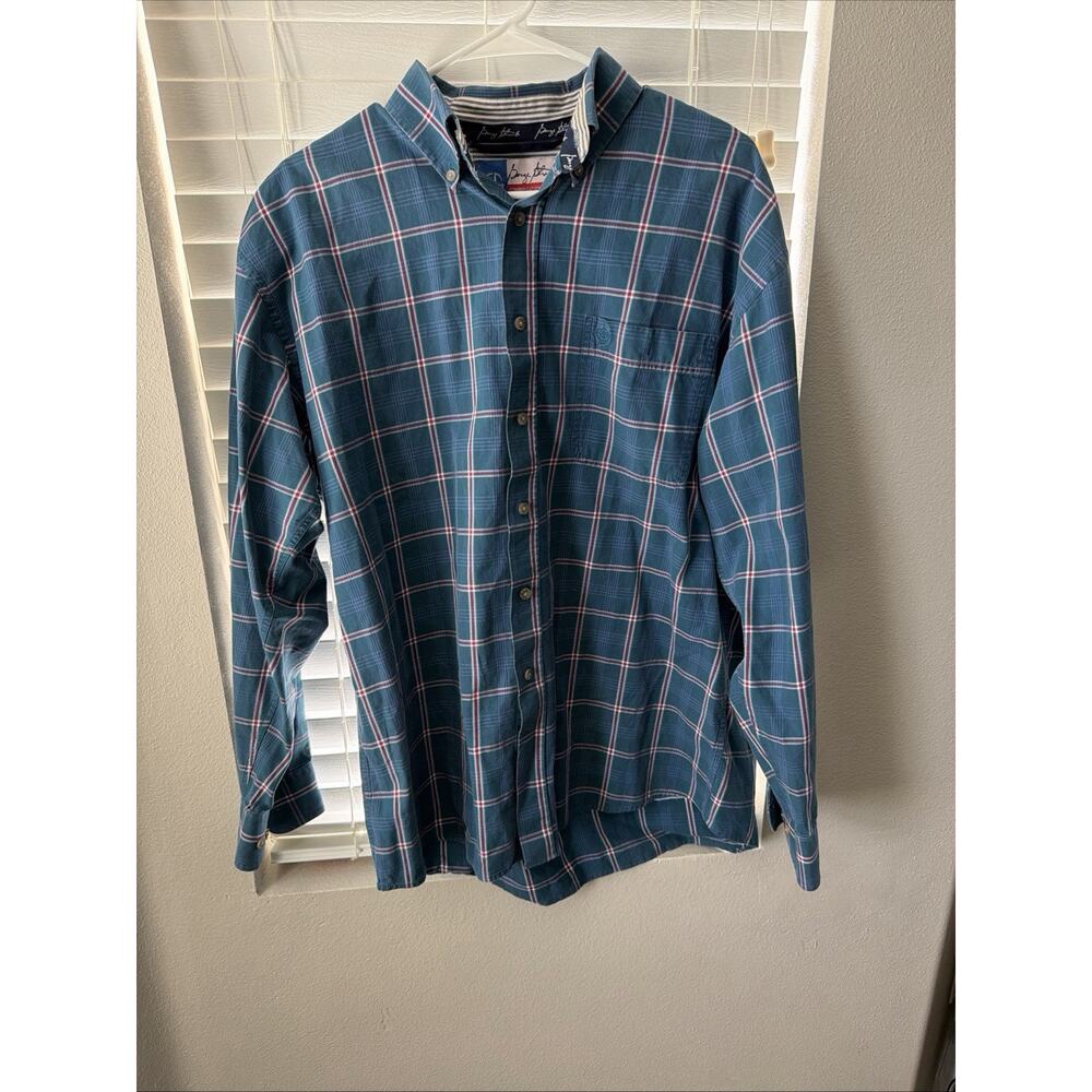 Wrangler George Strait Cowboy Cut Men's Large Teal Plaid Shirt Long Sleeve 23.5